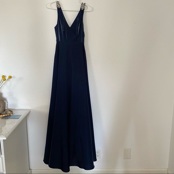 V-Neck Satin Ball Gown with Crystal Strap Details - Picture 3 of 6